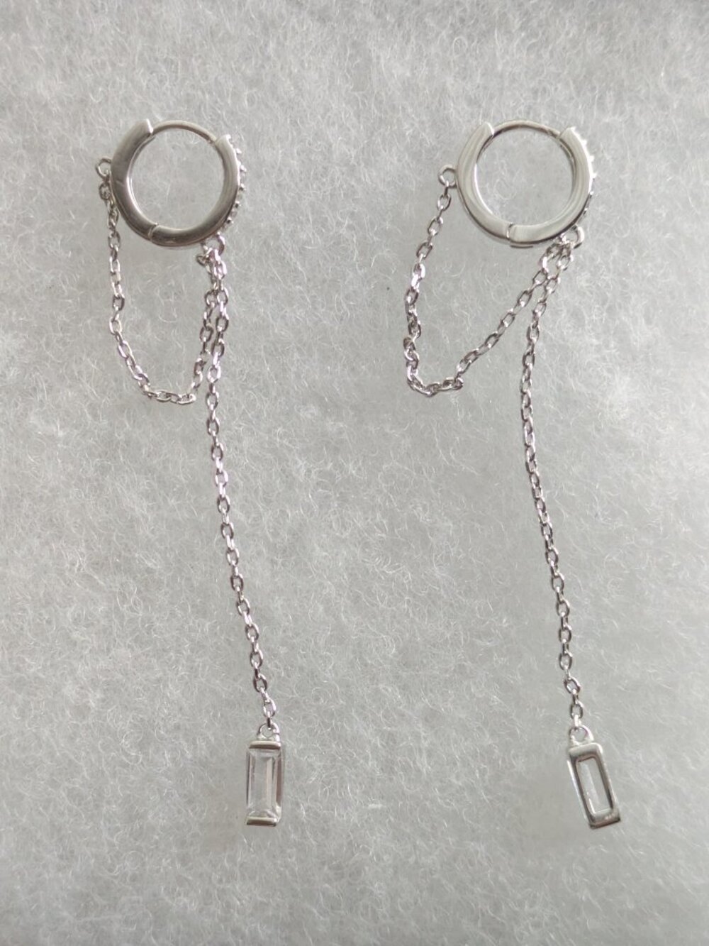 925 Sterling Silver Rhodium Huggie Hoop Baguette CZ Chain Drop Earrings